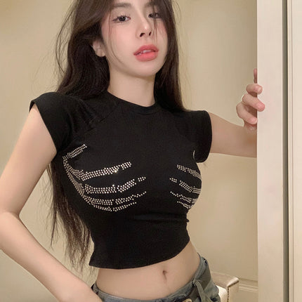 Hot Girl High Street Hot Diamond Short-Sleeved T-Shirt Women's Summer Sexy Petite Casual Versatile Tight Short Crop Top