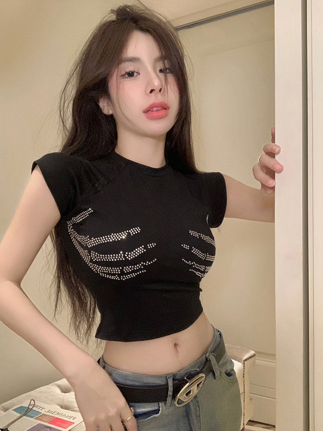 Hot Girl High Street Hot Diamond Short-Sleeved T-Shirt Women's Summer Sexy Petite Casual Versatile Tight Short Crop Top