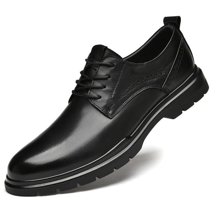 Summer Men's Business Leather Shoes Men's Head Layer Cowhide Black Casual British Inner Height Increase Lace Round Head Cowhide Dress
