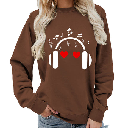 Music Headphones Love Printed Round Neck Women's Top Sweatshirt Foreign Trade Supply Autumn and Winter Coat Casual Loose European Size