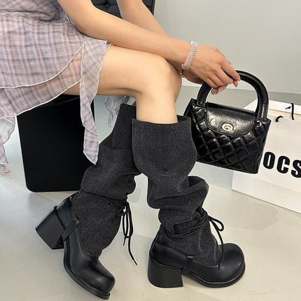 2025 New Trendy Street Style Chunky Heel Platform Slimming Riding Boots Slip-On Lace-Up Stylish Slouch Boots Fashion Boots Trend