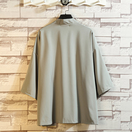 New Cross-border Summer Men's Simple Solid Color Cardigan Casual Loose Guofeng Seven-sleeve Ice Silk Cardigan Shirt for Men