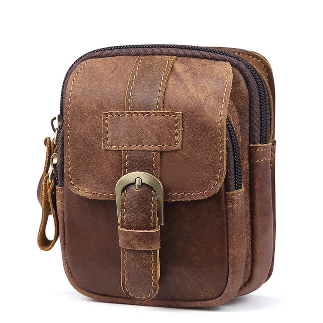Genuine Leather Men's Frosted Leather Zipper Waist Bag Outdoor Sports Waist Bag Men's Work Site Wear-resistant Mobile Phone Waist Bag