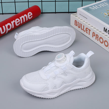 Children's Rotating Button Campus White Shoes 2023 Summer Mesh Breathable Sneakers for Older Kids Lightweight Running Shoes
