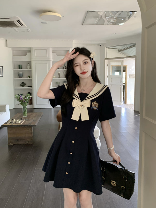 Plus-Size Women's Clothing 2026 Summer New Style Navy Collar Dress with Embroidery, Age-Reducing and Slimming A-Line Long Dress for Curvy Women