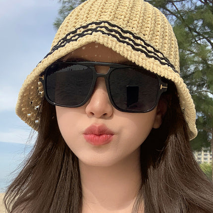 2025 retro double beam large frame small UV-proof sunglasses Korean style outdoor travel decorative flat glasses