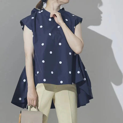 2023 New Japanese Polo Dot Irregular Back Bow Lace Short Sleeve Shirt