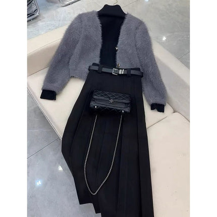 Winter Chanel Style Wear a Set of Women's 2024 New Korean Style Cardigan All-match Base Shirt Skirt Three-piece Set