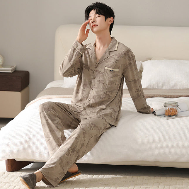 [40-Count Lycra Cotton] Men's Spring and Autumn Long-Sleeve Pure Cotton Large Size Pajamas, Suitable for Home Wear and Can Be Worn Outside
