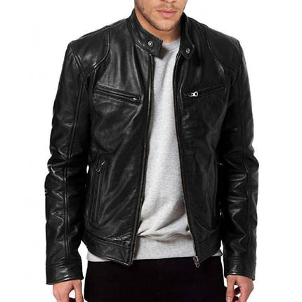 2022 Autumn/Winter New Men's Zipper Cardigan Pocket Pu Leather Stand Collar Slim Fit Motorcycle Leather Jacket Coat