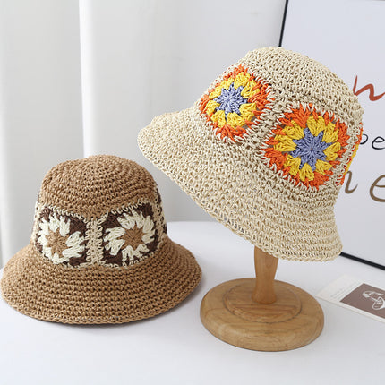 Trendy Floral Woven Straw Hat Summer Sun Protection Sunshade Fisherman Hat Foldable Wide Brim Face-Slimming Beach Vacation