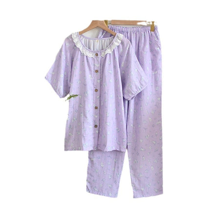 Summer Cotton Short-sleeved Shorts Double-layer Yarn Crewneck Lic Collar Women's Pajamas Home Wear Soft and Sweet Outer Wear