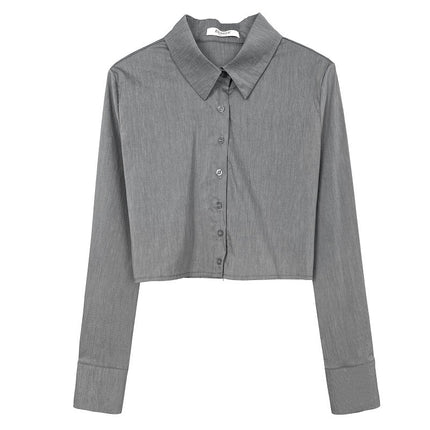 South Korea Dongdaemun New Slim-fit Slimming Sexy Feminine Figure Short Exposure Waist Long-sleeved Shirt Top for Women