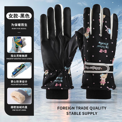 Wholesale Women's Cartoon Velvet Ski Gloves Winter Outdoor Windproof and Cold-Proof Warm Gloves Waterproof and Non-Slip Gloves
