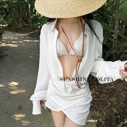 European and American long-sleeved elegant pleated slimming women's shirt skirt dress short skirt waist V-neck bikini three-piece suit