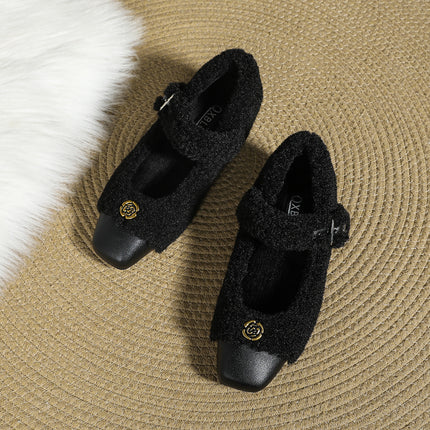 Small Size Mary Jane Soft Mao Shoes Women's Winter Outer Wear Square Head fleece-lined Camellia Flower Inner Height Increase Shoes Warm Cotton Shoes