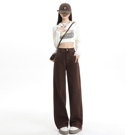 Brown High-Waisted Wide-Leg Jeans for Women, Autumn New Loose Slimming Design with Drapey Straight-Leg Floor-Length Pants