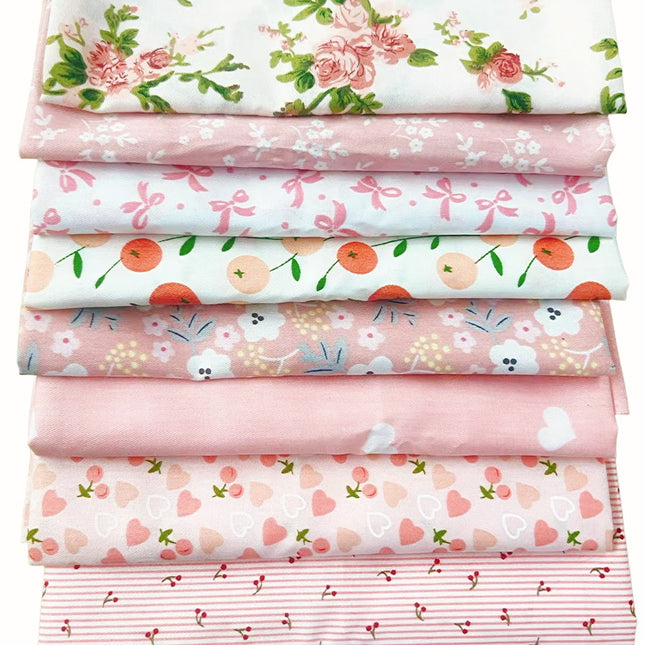 8-Piece Set of Pink Floral Pure Cotton Decorative Fabric for Home Textile Patchwork, Fresh and High-Quality