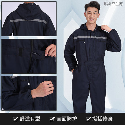 Men's One-Piece Work Suit, Dustproof, with Reflective Strips, for Shipyard Workers, Mechanical Repair, Aquaculture Factory, Labor Protection Clothing, Hooded Workwear, Large Size
