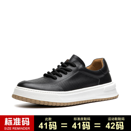 New White Shoes Men's Shoes Fashionable Casual Leather Breathable Hollow-out Low-top Shoes All-match Lightweight Board Shoes with Elevated Thick Sole