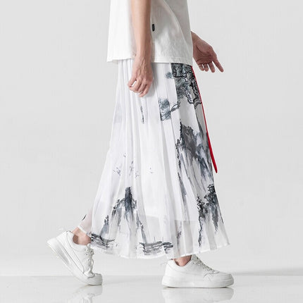 2025 New Men's Summer Chinese Style Han Dynasty Ancient Style One-Piece Culottes Unisex Pleated Horse Face Skirt Wholesale