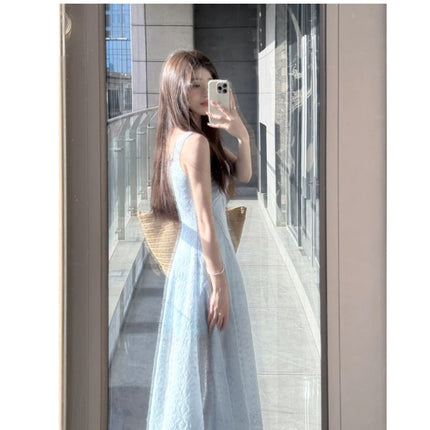 French Blue Square Neck Suspender Dress for Women Summer Seaside Vacation Elegant High-End Waist Slimming Fluffy Long Skirt