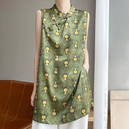 New Chinese Style Satin Stand Collar Sleeveless Vest for Women 2025 Summer New Style Buckle Printed Loose Top