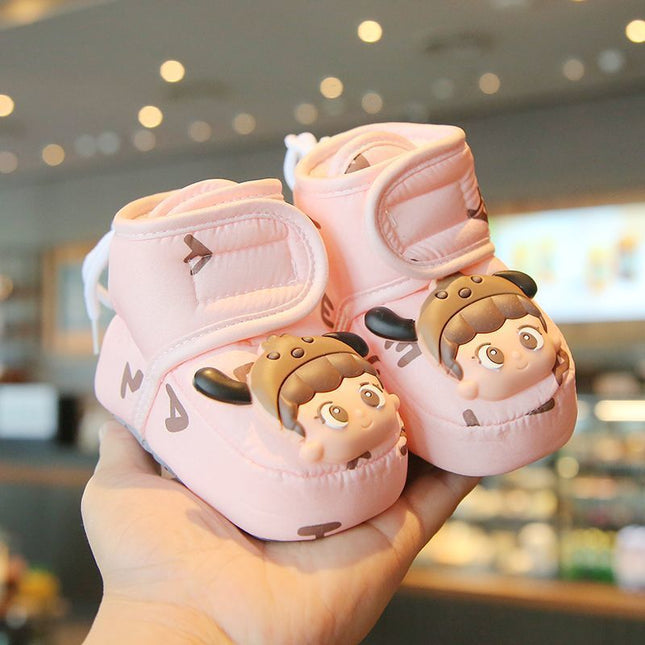 Baby Cotton Shoes Autumn and Winter Fleece-Lined Cartoon Doll Baby Snow Boots Warm Thick Soft Sole Toddler Shoes 0-1 Years Old Walking