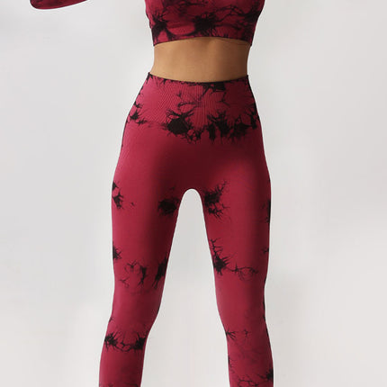 European and American Cross-border Seamless Tie-dyeing Fitness Sports Long Sleeve High Waist Peach Belly Tight Pants Yoga Sports suit