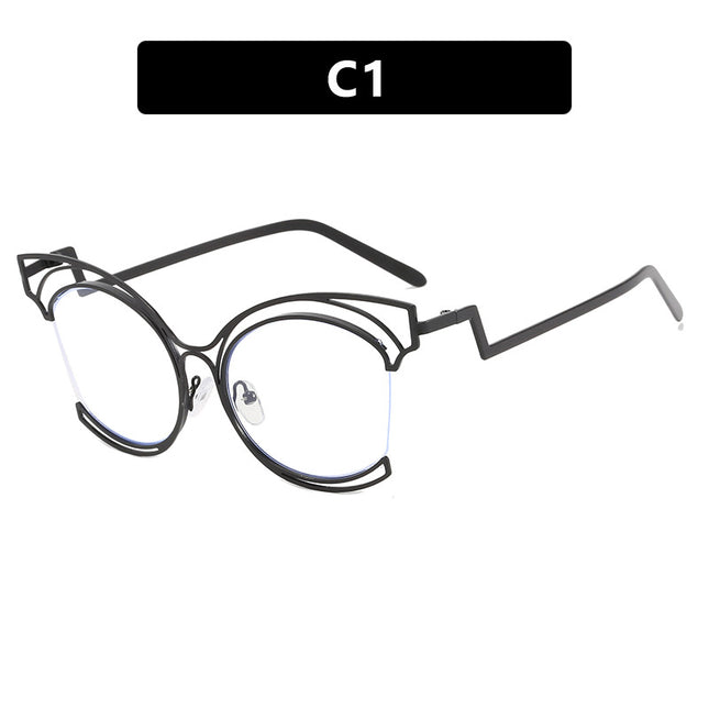 Folding Curved Leg Cat Eye Large Frame Hollow Flat Mirror 2023 New Metal Glasses Frame Ins Concave Shape Anti-Blue Light