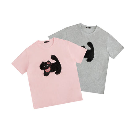 HeyHenry Men's Rabbit Fur Paste Embroidered Cat Loose Crew Neck Short Sleeve T-shirt Women's Fun Couple Top