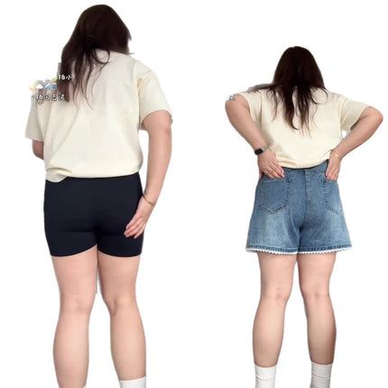 Plus Size Fat mm Lace Denim Shorts Women's Summer New High-Waist Slim Pear-Shaped Figure A-Line Straight Shorts