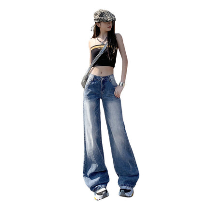Vintage Blue Narrow Wide-Leg Jeans for Women 2025 Summer New High-Waisted Loose Slimming Draped Straight-Leg Floor-Length Pants