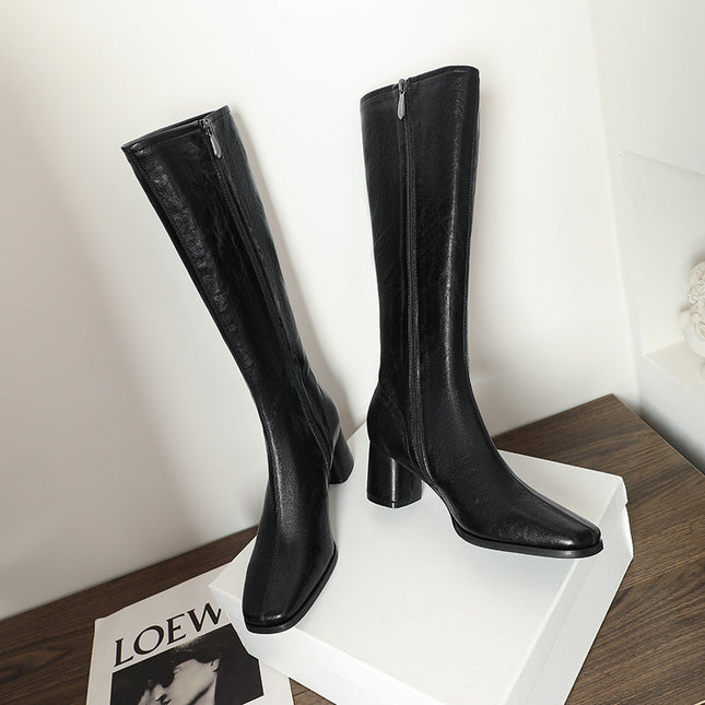 Retro but Knee-over Boots Women's 2024 New European and American Black Soft Leather Side Zipper Square Head Medium Thick Heel Long Boots