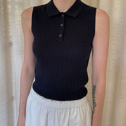 Taco Studis M1U Style Classic Polo Collar Natural Shell Button Cable Knitted Vest Top