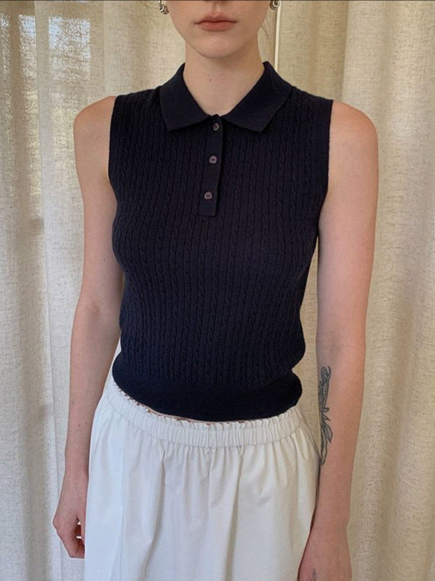 Taco Studis M1U Style Classic Polo Collar Natural Shell Button Cable Knitted Vest Top