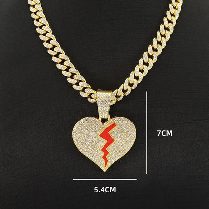 European and American Hip Hop Style Full of Red Oil Broken Heart Pendant Chain Necklace Personality Clavicle Chain Sweatshirt Necklace Chain