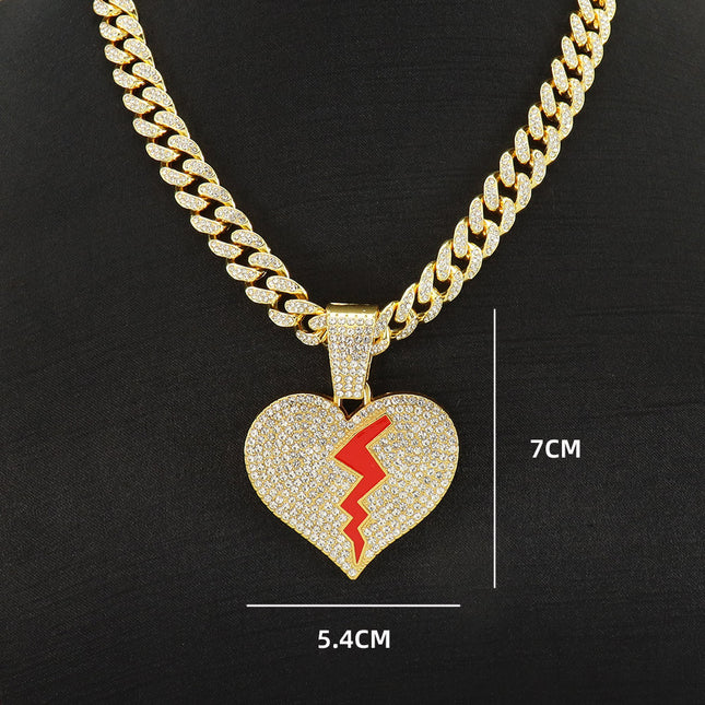 European and American Hip Hop Style Full of Red Oil Broken Heart Pendant Chain Necklace Personality Clavicle Chain Sweatshirt Necklace Chain