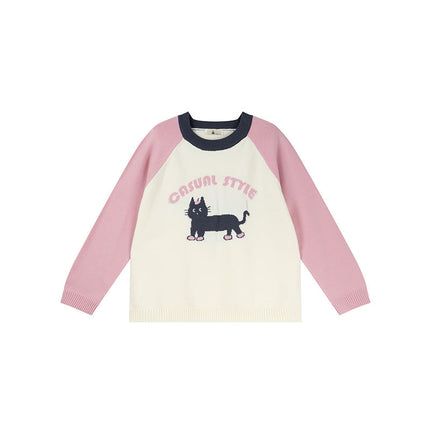 Shuangtian 2025 New Autum Plus Size Women's Knitwear Fat Girl Cartoon Cat Contrast Color Knitwear F561