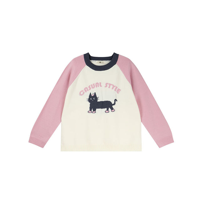 Shuangtian 2025 New Autum Plus Size Women's Knitwear Fat Girl Cartoon Cat Contrast Color Knitwear F561