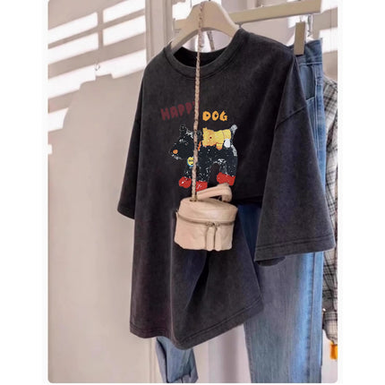 Plus Size Washed Distressed T-Shirt Short-Sleeved Women's New American Retro Loose Slim Couple Versatile Half-Sleeved Top Trendy