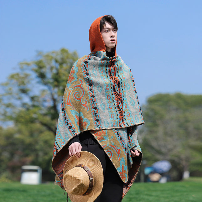 Ethnic Style Men's Shawl Warm Scarf Xizang Travel Outfit Qinghai Lake Northwest Desert Thick Cape Coat