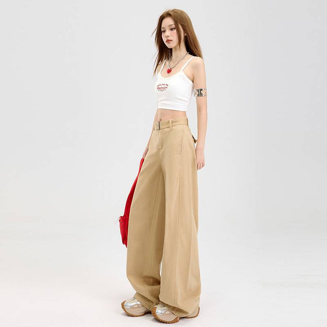 High-Waisted Casual Jeans with Belt, Simple Versatile Fashion Wide-Leg Floor-Length Pants for Women