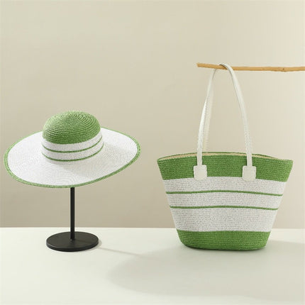 Foreign Trade Two-Piece Summer Straw Bag Set Large Brim Striped Straw Hat and Straw Bag Set Tote Handbag