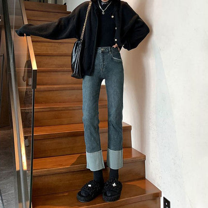 Retro blue pipe pants women's autumn and winter stitching jeans new spring and autumn cropped stretch all-match loose straight pants
