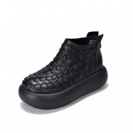 Retro Casual Thick-Soled Platform Shoes Hand-Woven Genuine Leather Short Boots for Women 2025 Autumn and Winter New First-Layer Cowhide Short Boots