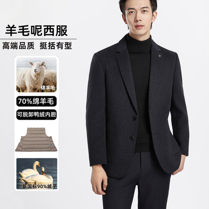 Men's Business Casual Suit Jacket Autumn and Winter Classy Thickeneded Removable down Double-Sided Woolen Outwear
