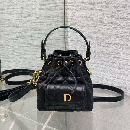 D's Caro Bucket Bag Micro Lambskin Fortune Bucket Rattan Pattern Soft Genuine Leather Women's Bag Fashionable Women's School Bag