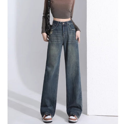 light blue Straight Leg Jeans Women's Trendy All-match New Arrival plus size Loose High Waist Slimming Narrow Wide Leg Long Pants