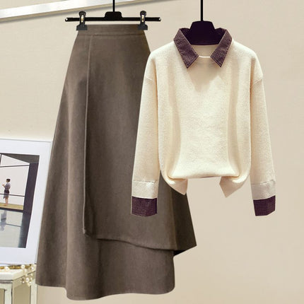 Suit Skirt Design Retro All-match Long-sleeve Fake Two-piece Knitwear Women's French Woolen Skirt Two-piece Winter Suit